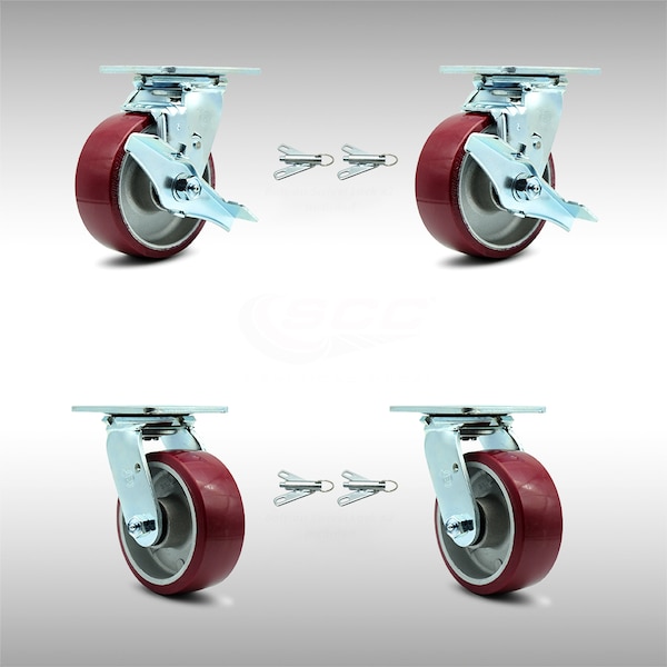 Service Caster 5 Inch SS Poly on Aluminum Caster Set with Roller Bearings 4 Swivel Lock 2 Brake SCC-SS30S520-PAR-TLB-BSL-2-BSL-2 - main